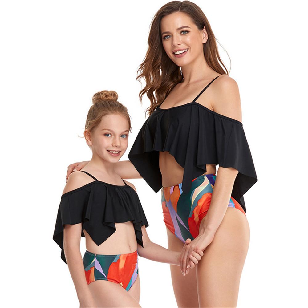 Parent-Child Parent-Child Ruffled Solid Color Fashion Sling Swimming Suit mommy and me outfits wholesale