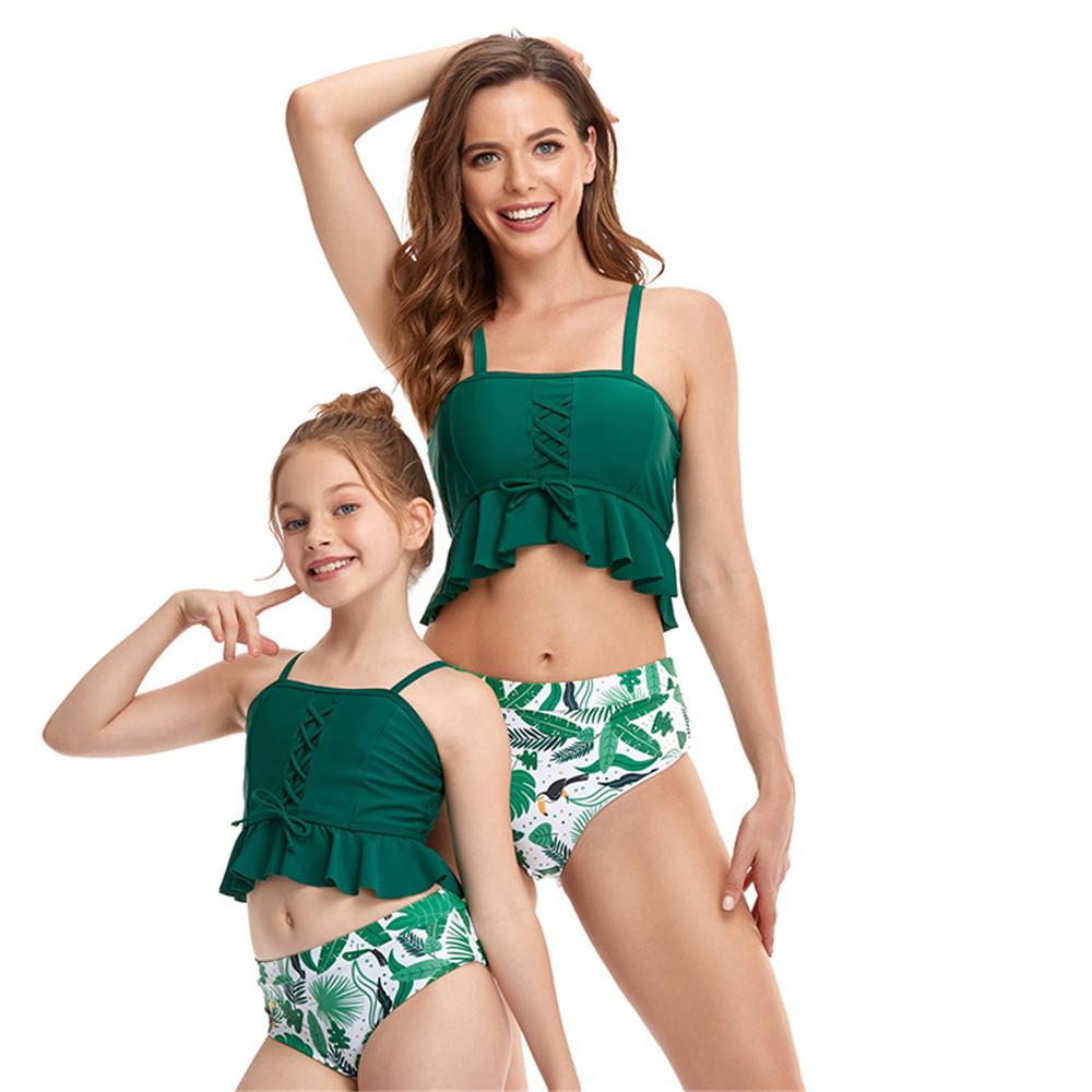 Parent-Child Solid Sling Top & Floral Printed Bottoms Swimming Suit mommy and me outfits wholesale