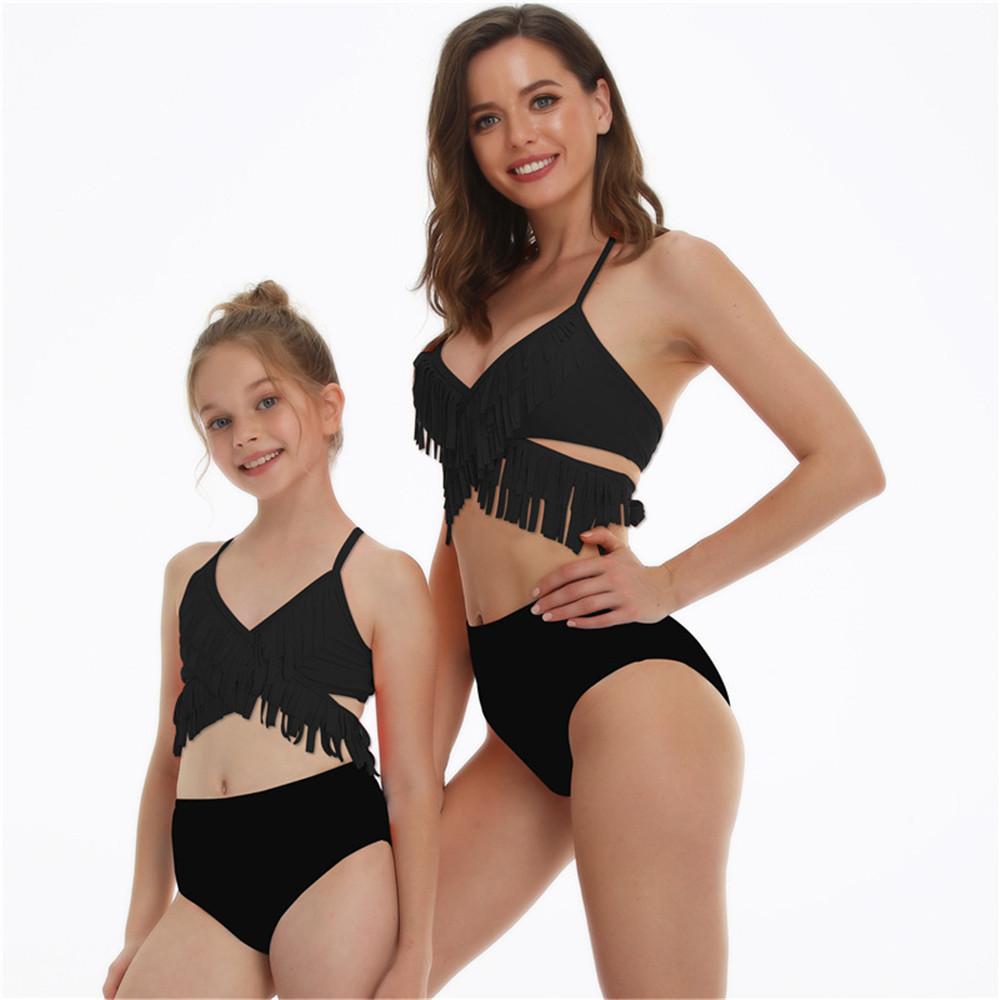 Parent-Child Tassel Solid Color Halter Swimming Suit mommy and me wholesale