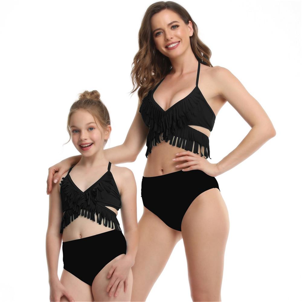 Parent-Child Tassel Solid Color Halter Swimming Suit mommy and me wholesale
