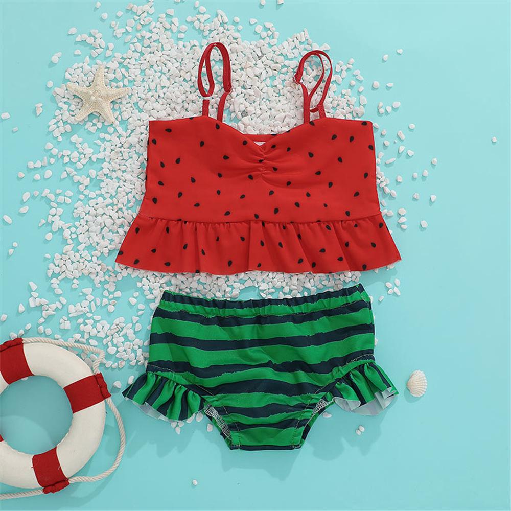 Girls Pattern Watermelon Polka Dot Sling Top & Striped Shorts 2 Piece Swimsuit With Shorts