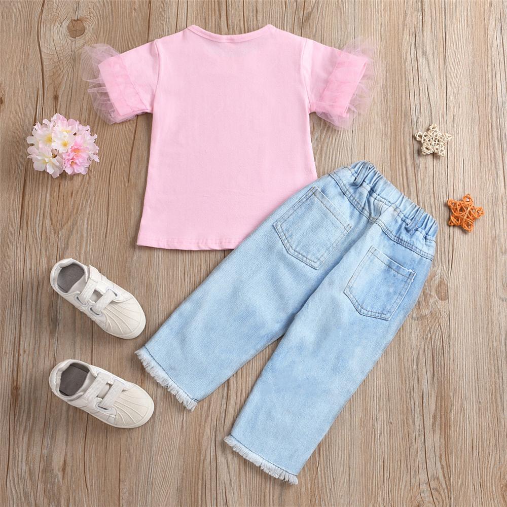 Girls Pink Mesh Short Sleeve Top & Ripped Jeans kids clothing vendors