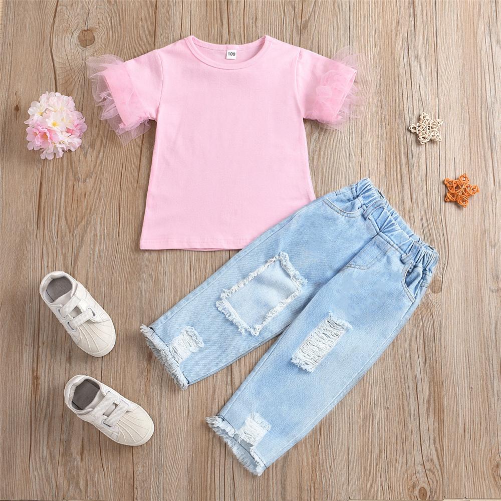 Girls Pink Mesh Short Sleeve Top & Ripped Jeans kids clothing vendors