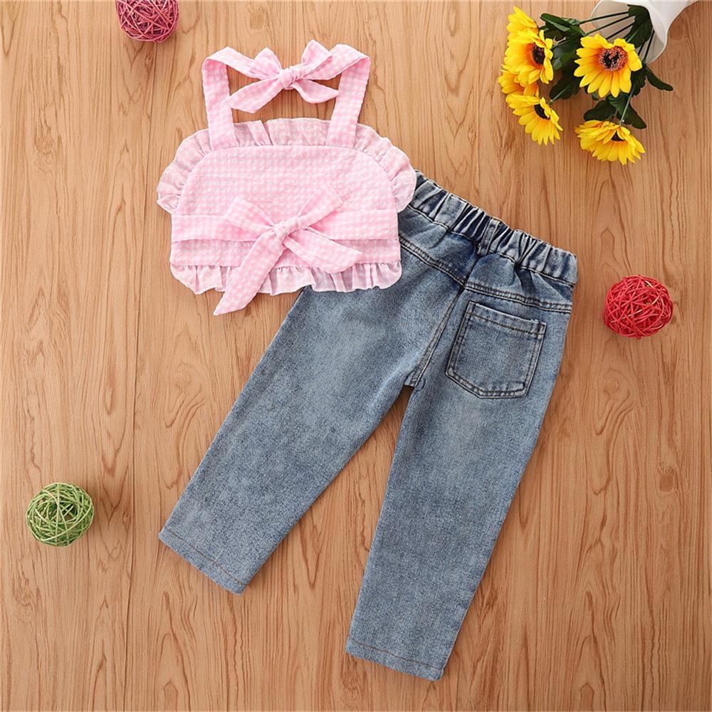 Girls Pink Plaid Sling Top & Ripped Jeans wholesale kids clothing