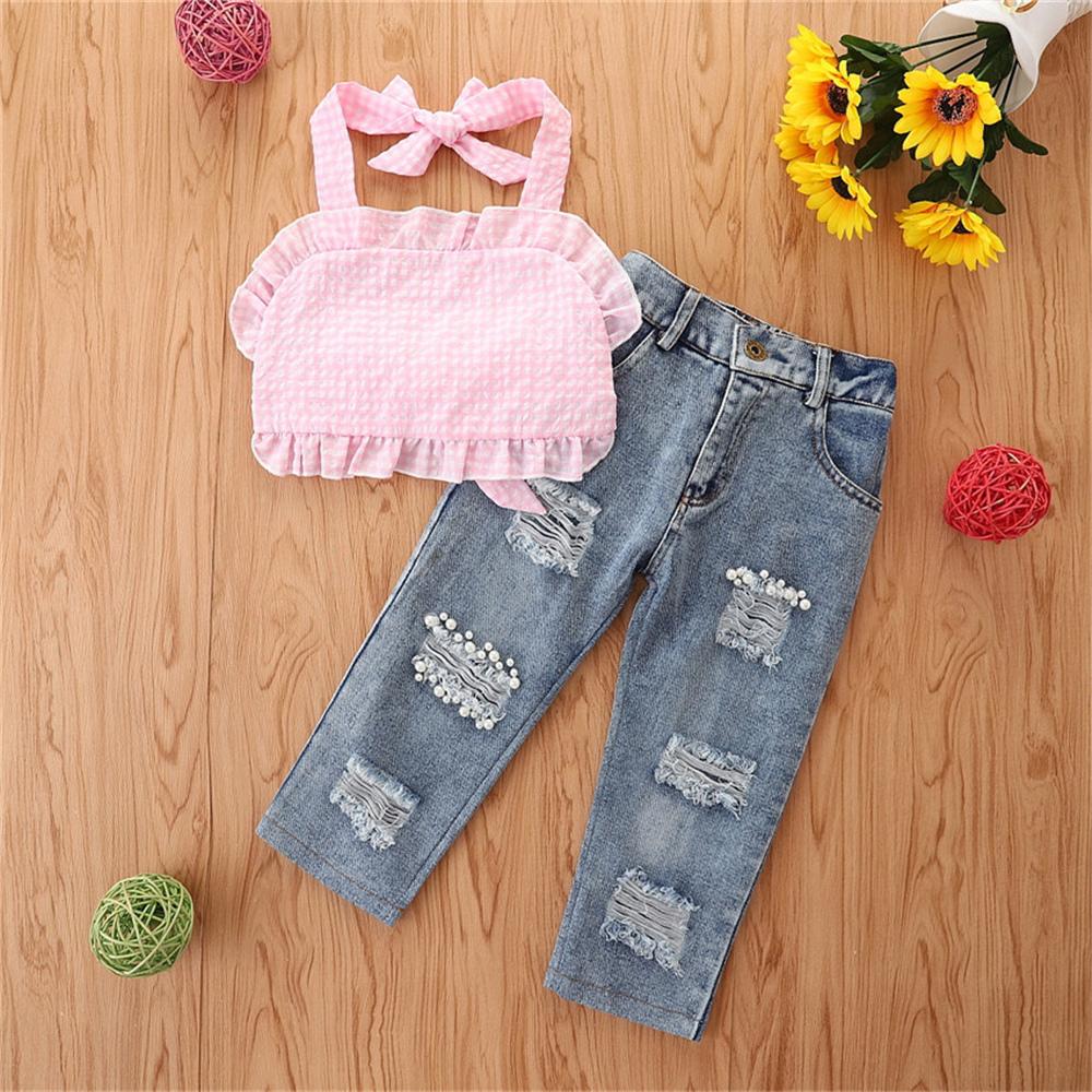 Girls Pink Plaid Sling Top & Ripped Jeans wholesale kids clothing