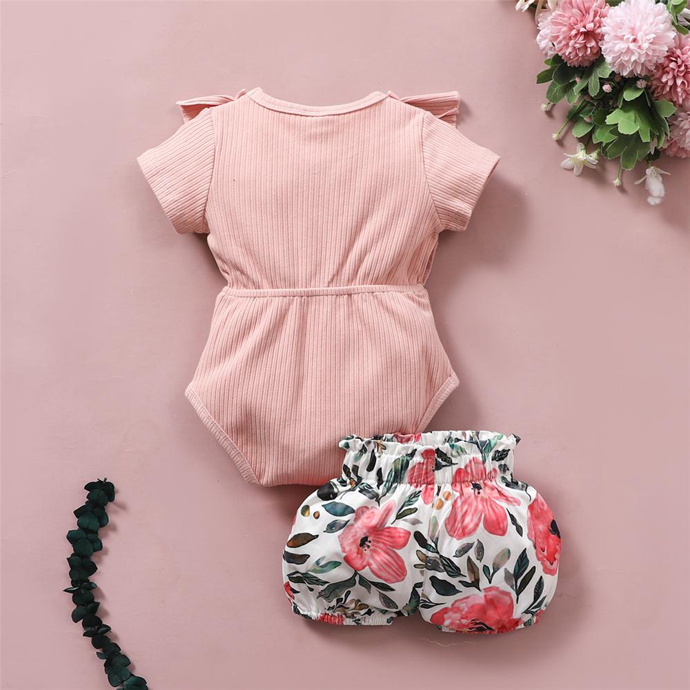 Baby Girls Pink Short Sleeve Ruffled Romper & Floral Printed Shorts Wholesale Baby Clothes