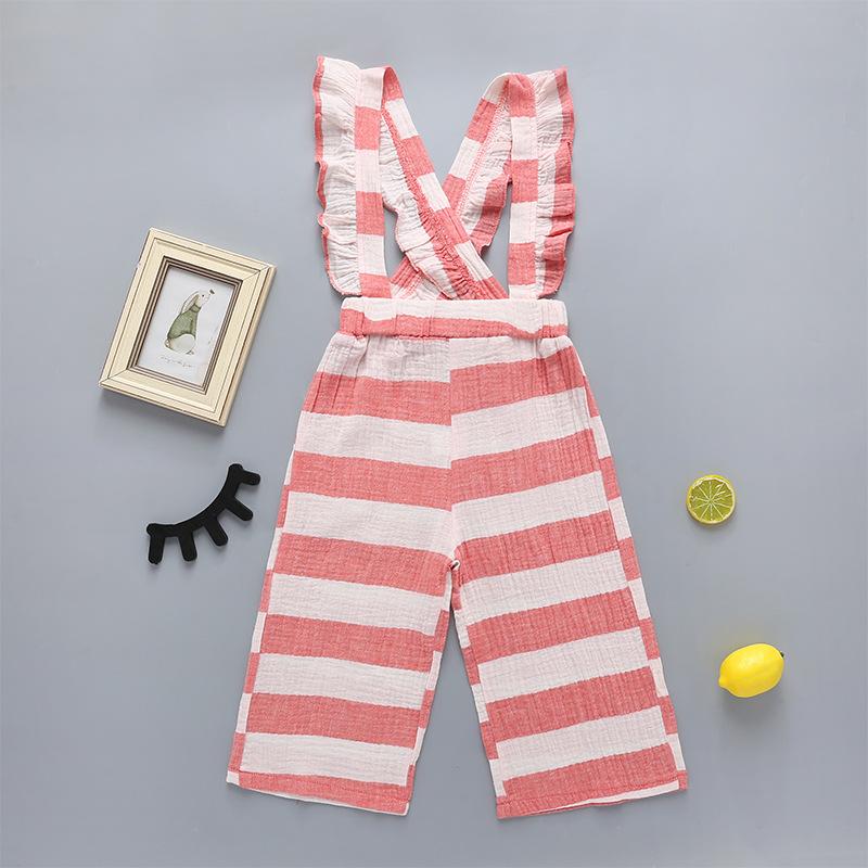 Pink Striped Overalls Girls Loose Trousers Wholesale Kids Clothing