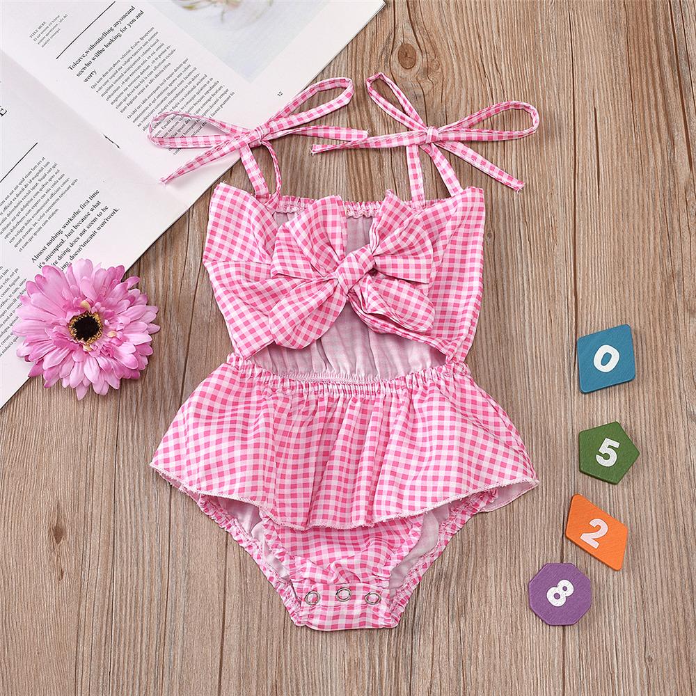 Baby Girls Plaid Bow Decor Sling Romper cheap baby clothes wholesale