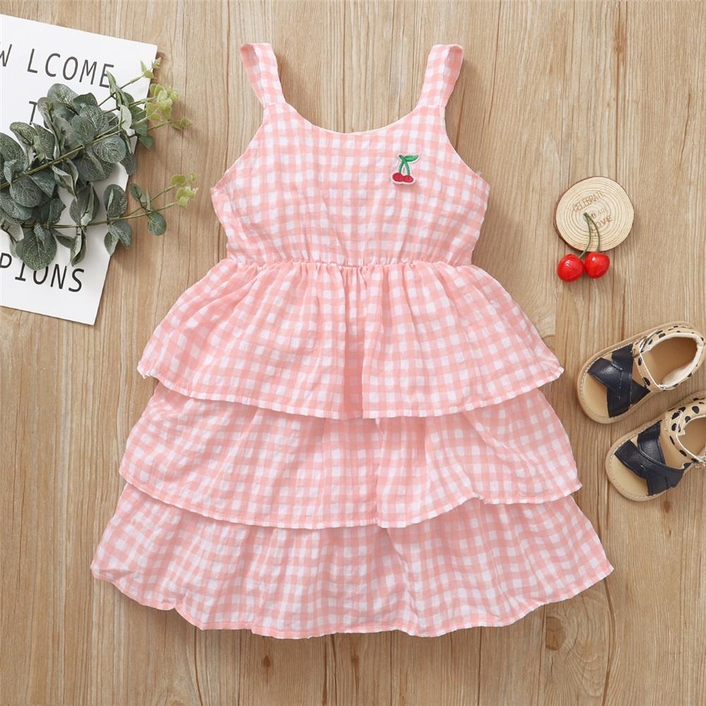 Girls Plaid Cherry Layered Princess Suspender Dress Trendy Kids Wholesale Clothing