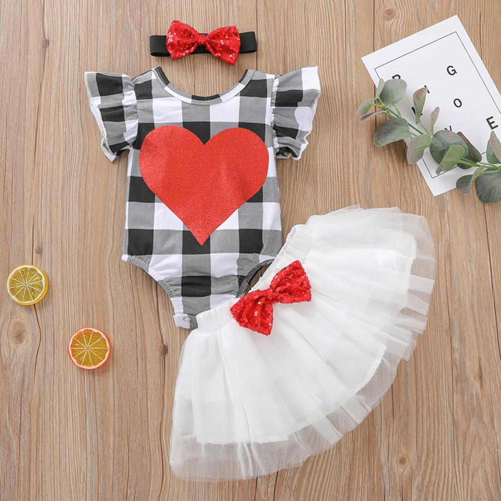 Baby Girls Plaid Heart Short Sleeve Romper & Tutu & Headband Buy Baby Clothes Wholesale