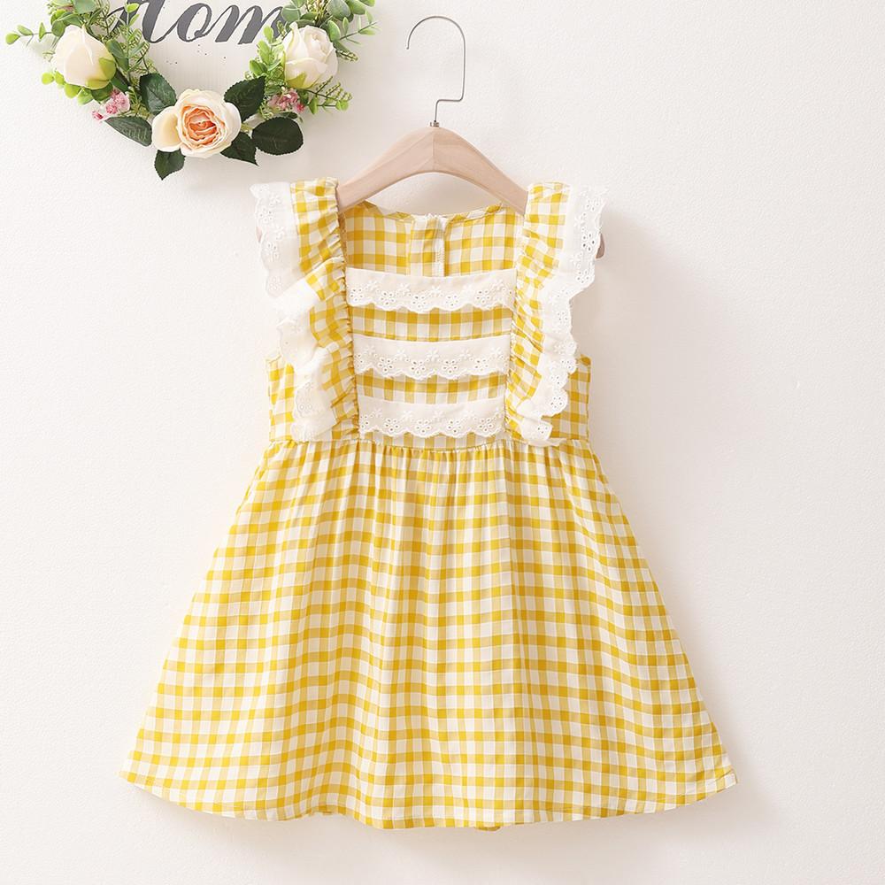 Girls Plaid Lace Sleeveless Ruffled Dresses kids clothing wholesale