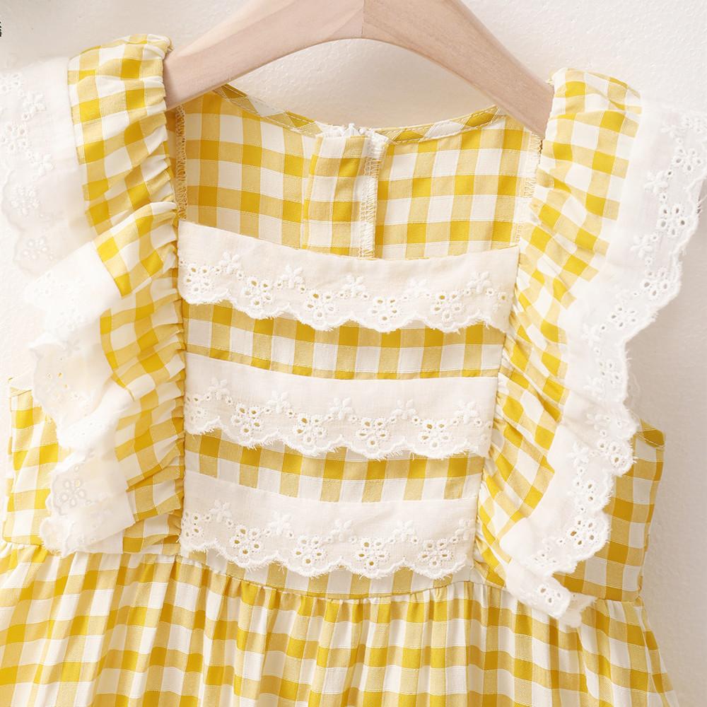 Girls Plaid Lace Sleeveless Ruffled Dresses kids clothing wholesale