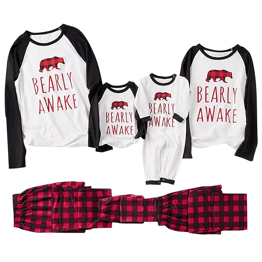 Parent-Child Plaid Letter Bear T-shirt & Pants Mommy And Me Wholesale Clothing