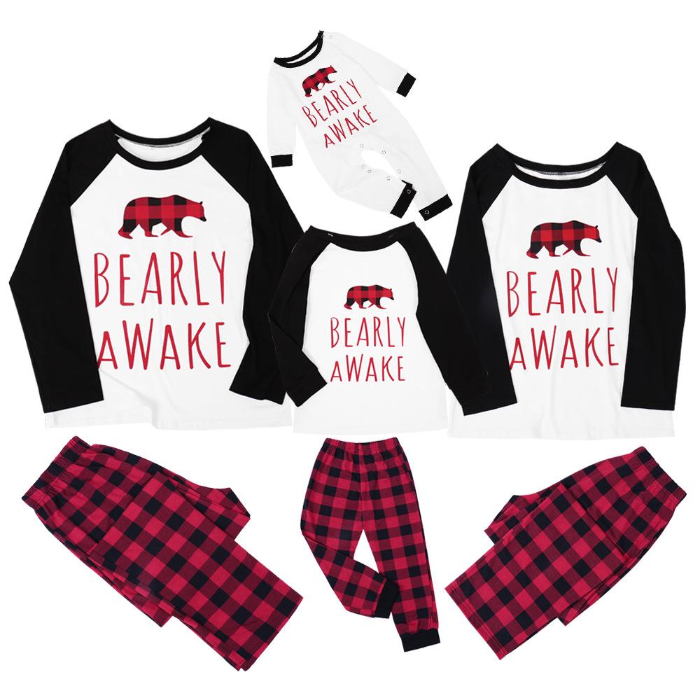 Parent-Child Plaid Letter Bear T-shirt & Pants Mommy And Me Wholesale Clothing