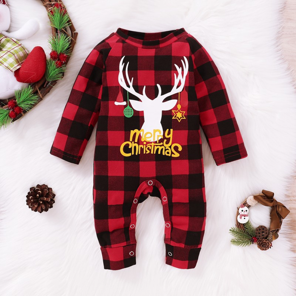 Baby Plaid Long Sleeve Cartoon Letter Printed Romper Baby Clothing Wholesale