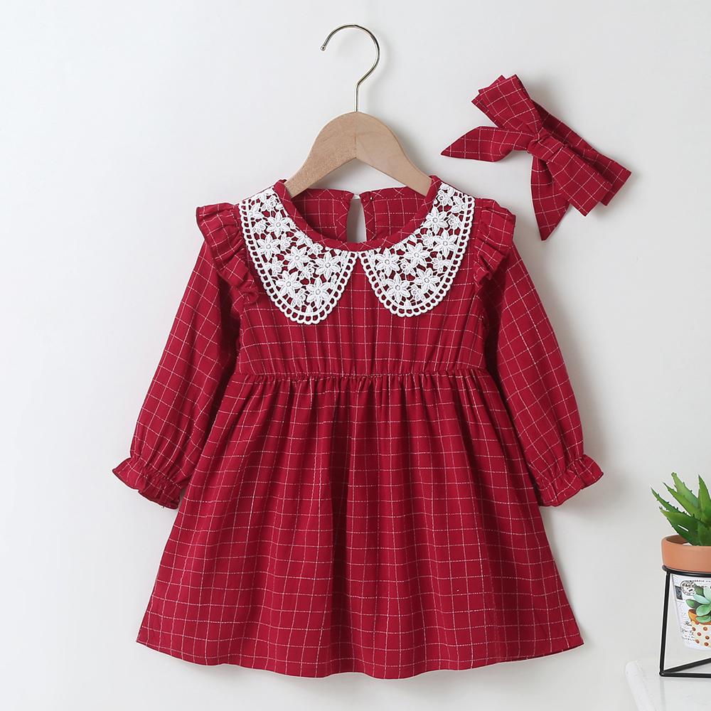 Baby Girls Plaid Long Sleeve Casual Dress & Headband Wholesale Baby Outfits