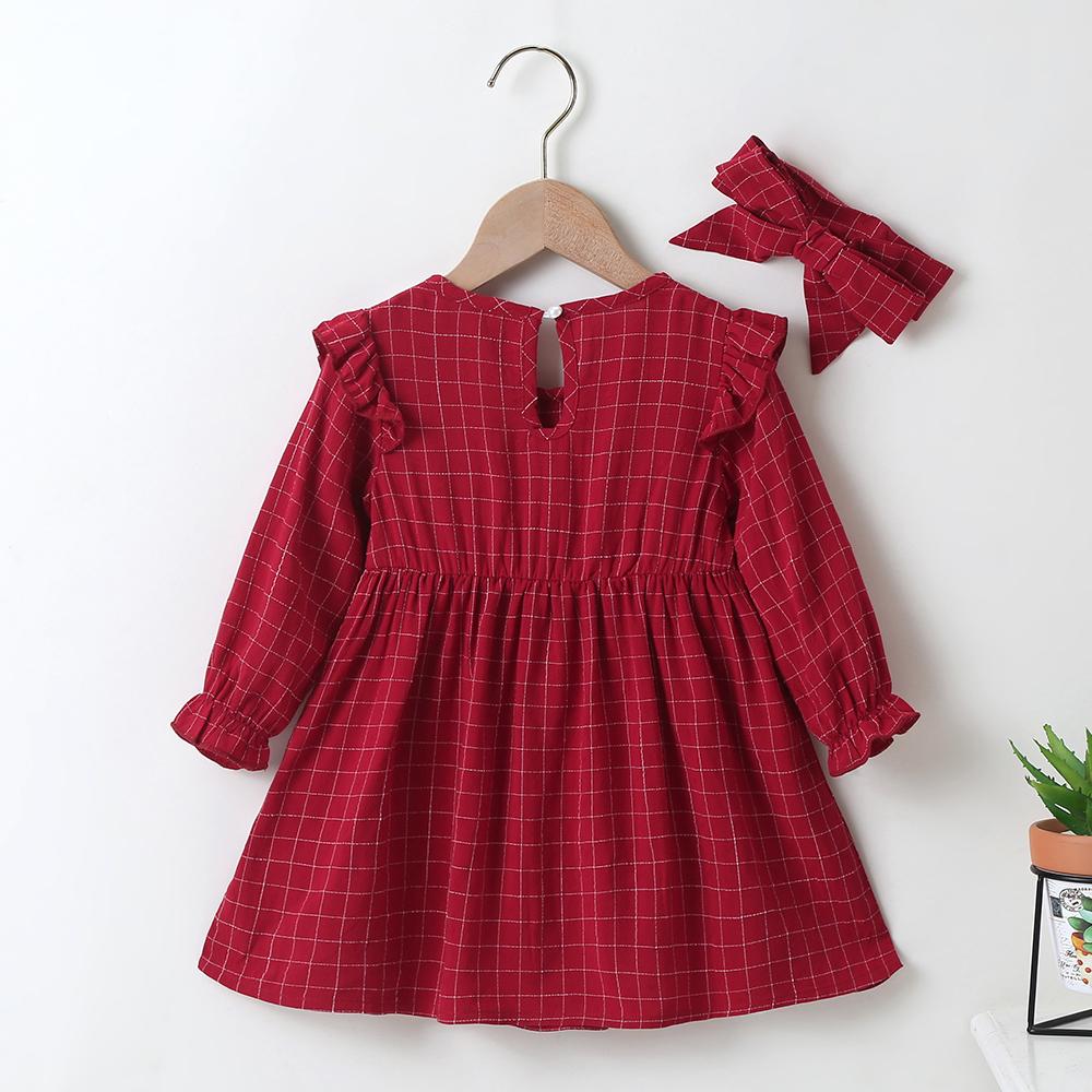 Baby Girls Plaid Long Sleeve Casual Dress & Headband Wholesale Baby Outfits