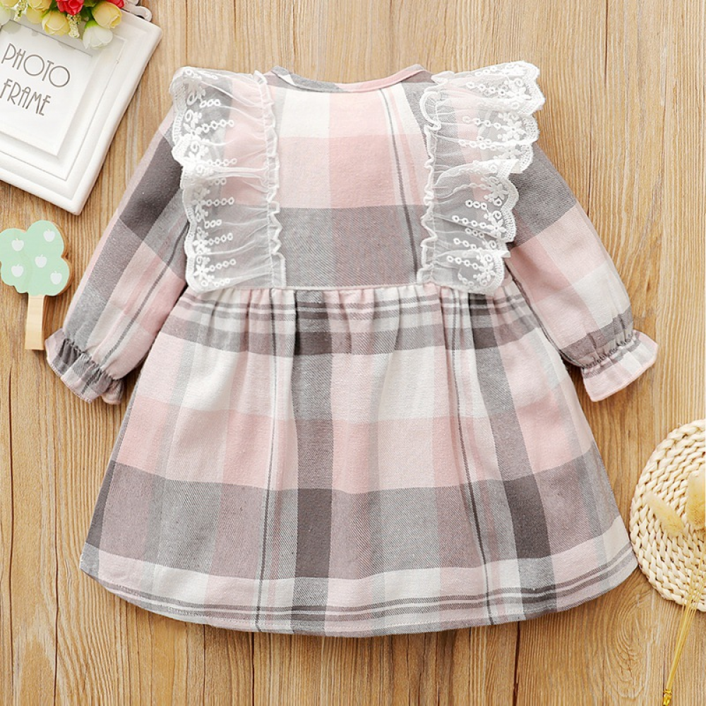 Baby Girls Plaid Long Sleeve Lace Dress baby clothes wholesale distributors