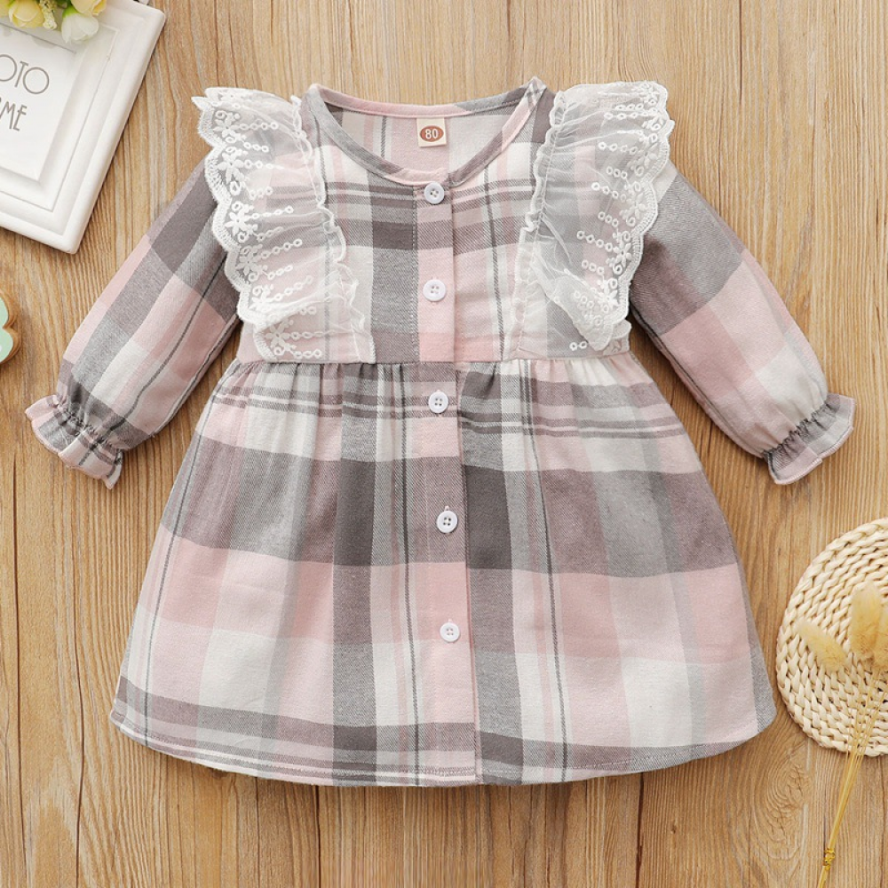 Baby Girls Plaid Long Sleeve Lace Dress baby clothes wholesale distributors