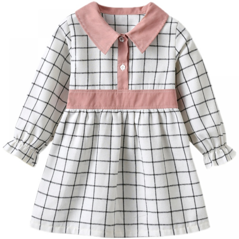 Girls Plaid Long Sleeve Lapel Dress childrens wholesale clothing