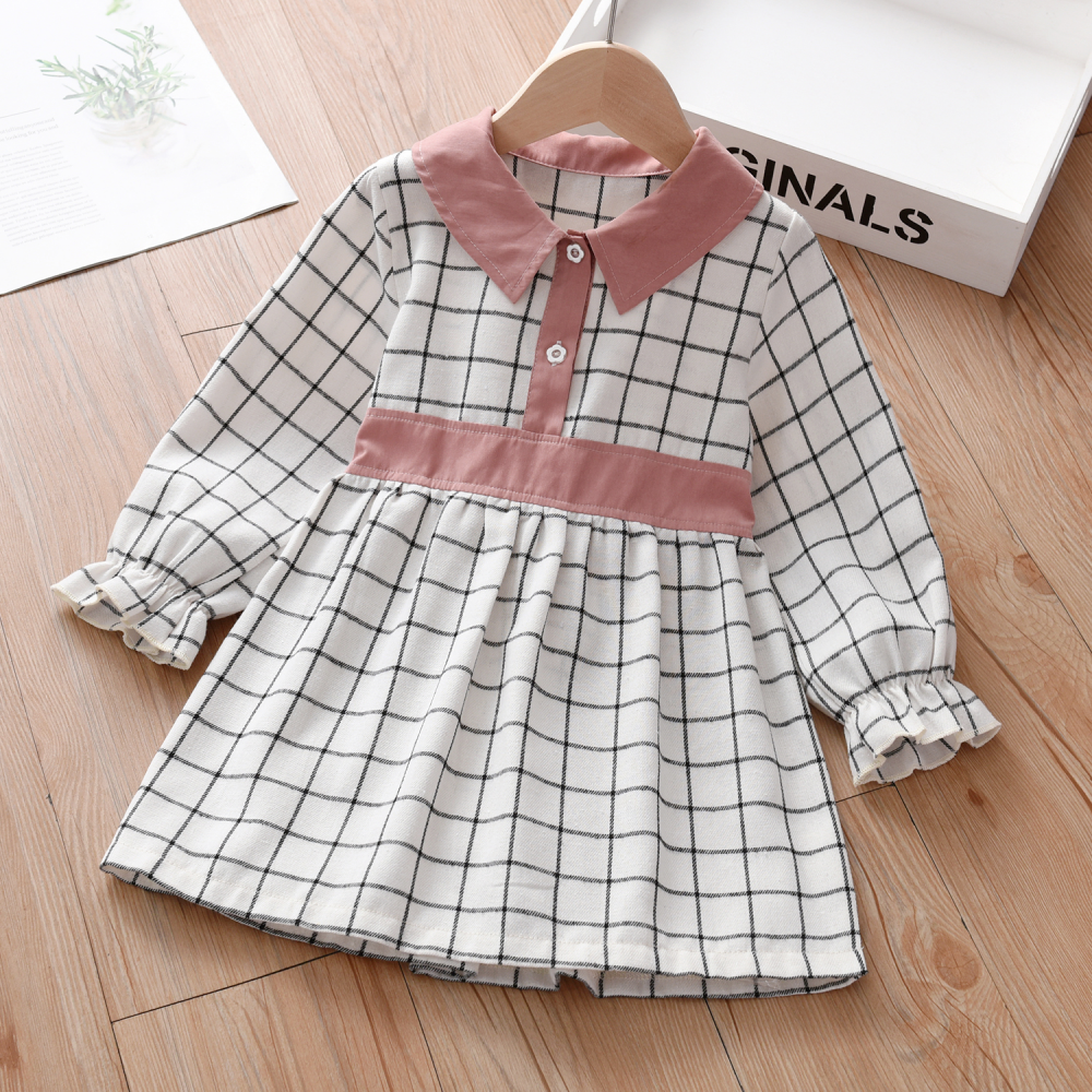 Girls Plaid Long Sleeve Lapel Dress childrens wholesale clothing