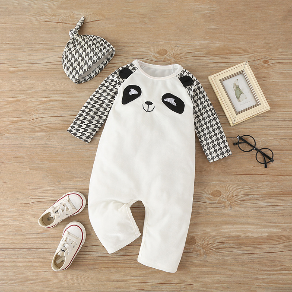 Baby Plaid Long Sleeve Panda Romper & Hat wholesale baby clothes suppliers