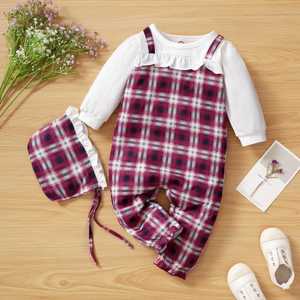 Baby Girls Plaid Long Sleeve Romper & Hat Wholesale Baby Clothes