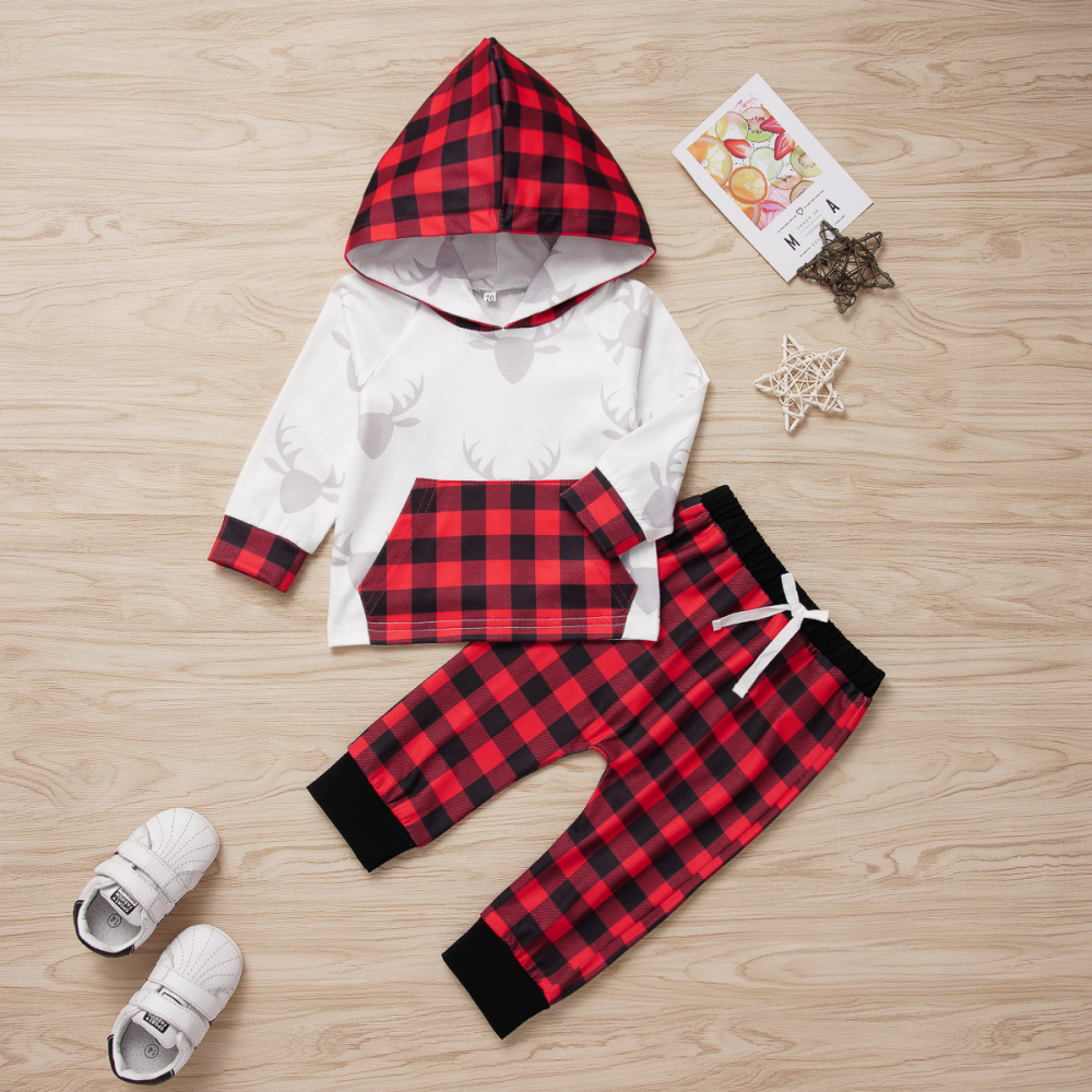 Baby Boys Plaid Printed Hooded  Long Sleeve Top & Pants wholesale baby