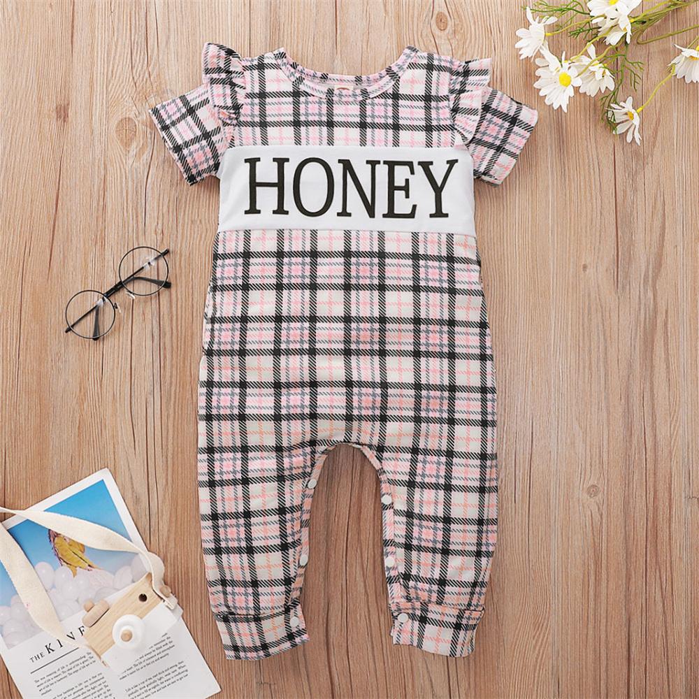 Baby Girls Plaid Ruffled Honey Printed Short Sleeve Romper Wholesale Baby Clothes