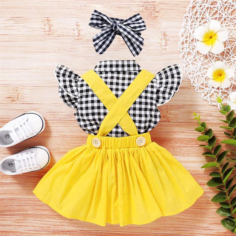 Baby Girls Plaid Sleeveless Bow Shirt & Suspender Skirt & Headband wholesale kids clothing suppliers