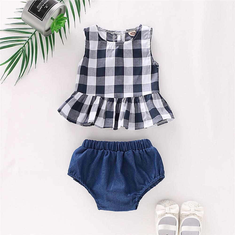 Baby Girls Plaid Sleeveless Top & Solid Shorts Wholesale Baby Clothes