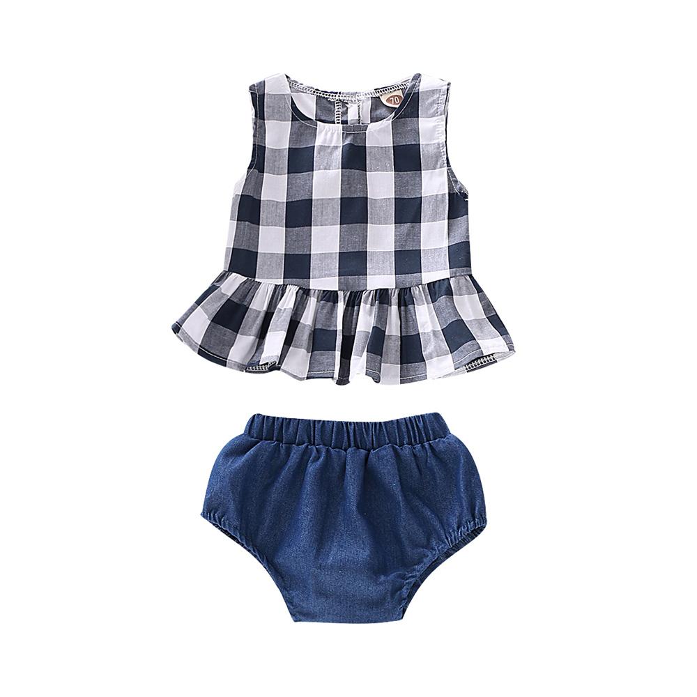 Baby Girls Plaid Sleeveless Top & Solid Shorts Wholesale Baby Clothes