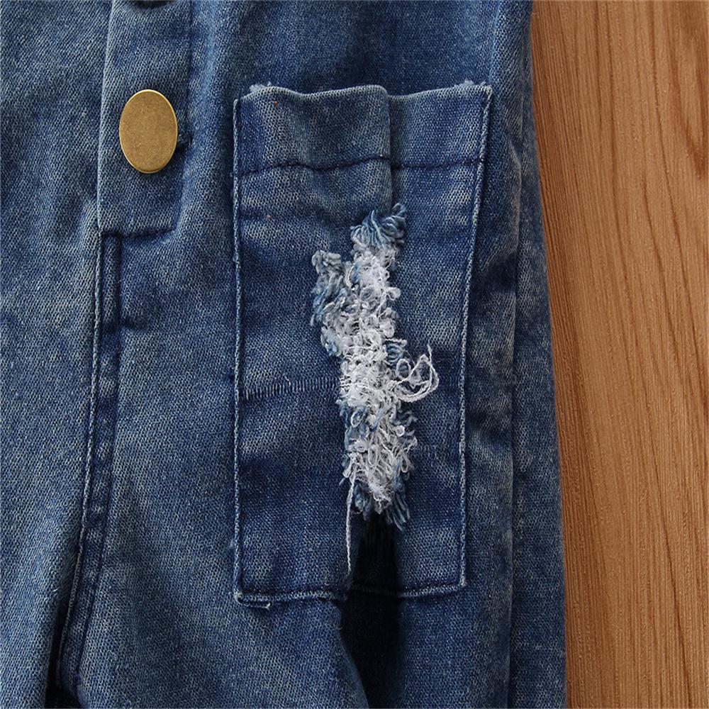 Girls Pocket Button Ripped Denim Jumpsuit Wholesale Baby Girl Clothes