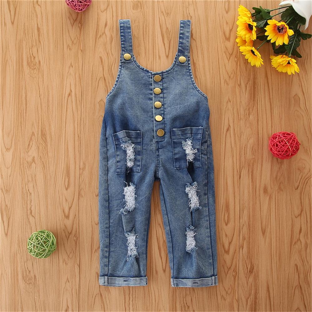 Girls Pocket Button Ripped Denim Jumpsuit Wholesale Baby Girl Clothes