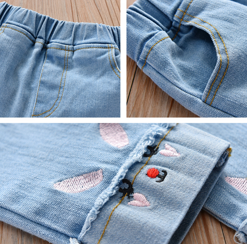 Girls Pocket Cartoon Jeans Childrens Wholesale Clothes