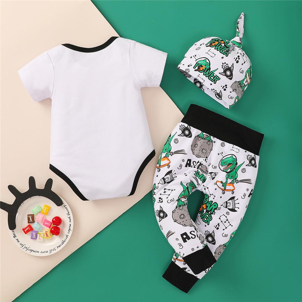 Baby Boys Pocket Dinosaur Letter Printed Short Sleeve Romper & Pants & Hat wholesale baby clothes usa