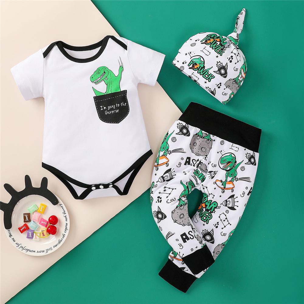 Baby Boys Pocket Dinosaur Letter Printed Short Sleeve Romper & Pants & Hat wholesale baby clothes usa