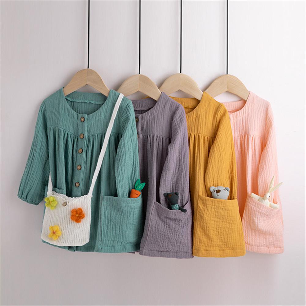 Girls Pocket Solid Long Sleeve Tops