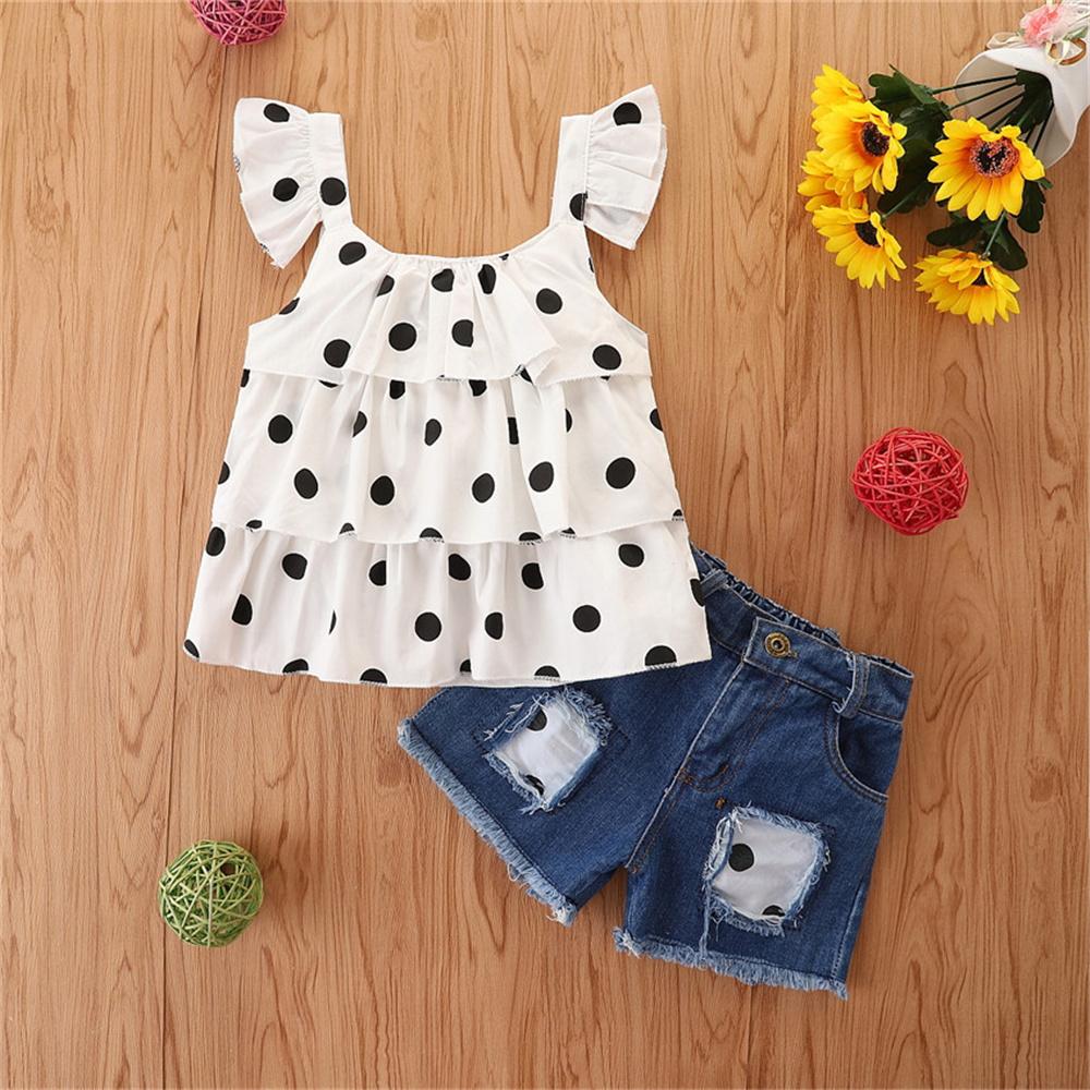 Girls Polka Dot Flying Sleeve Top & Shorts trendy kids wholesale clothing