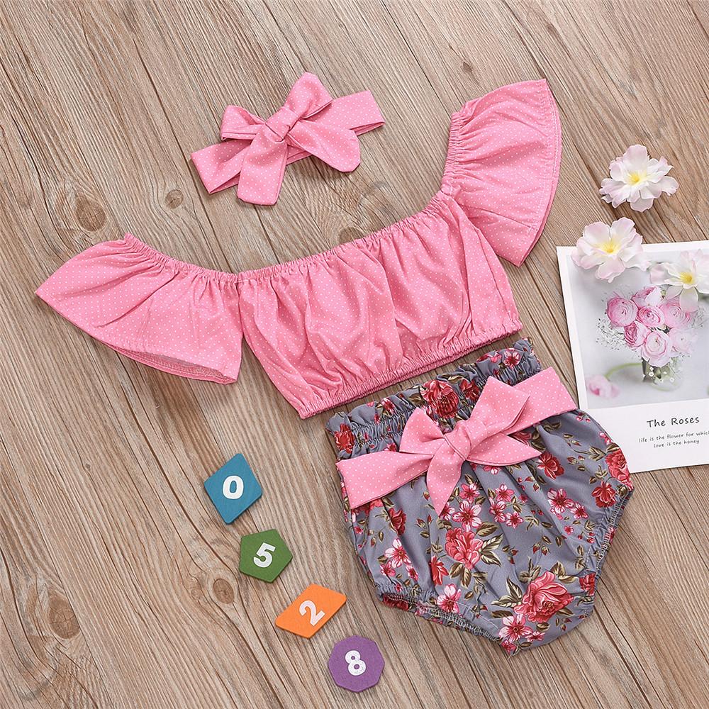 Baby Girls Polka Dot Off Shoulder Top & Floral Shorts & Headband baby wholesale