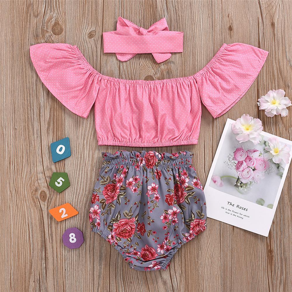 Baby Girls Polka Dot Off Shoulder Top & Floral Shorts & Headband baby wholesale