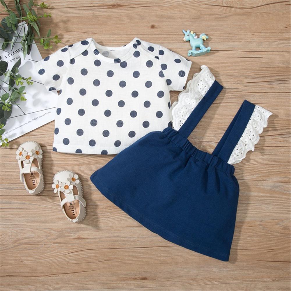 Baby Girls Polka Dot Short Sleeve Top & Lace Suspender Skirt Wholesale Baby Clothes