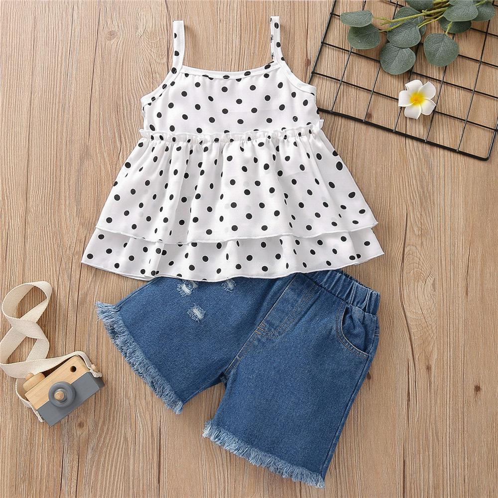 Girls Polka Dot Tank Top & Denim Shorts wholesale girls clothes