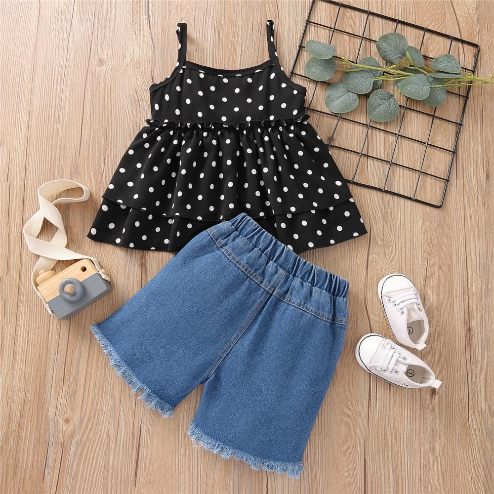 Girls Polka Dot Tank Top & Denim Shorts wholesale girls clothes