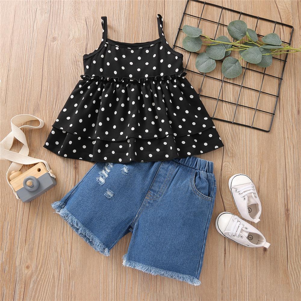 Girls Polka Dot Tank Top & Denim Shorts wholesale girls clothes