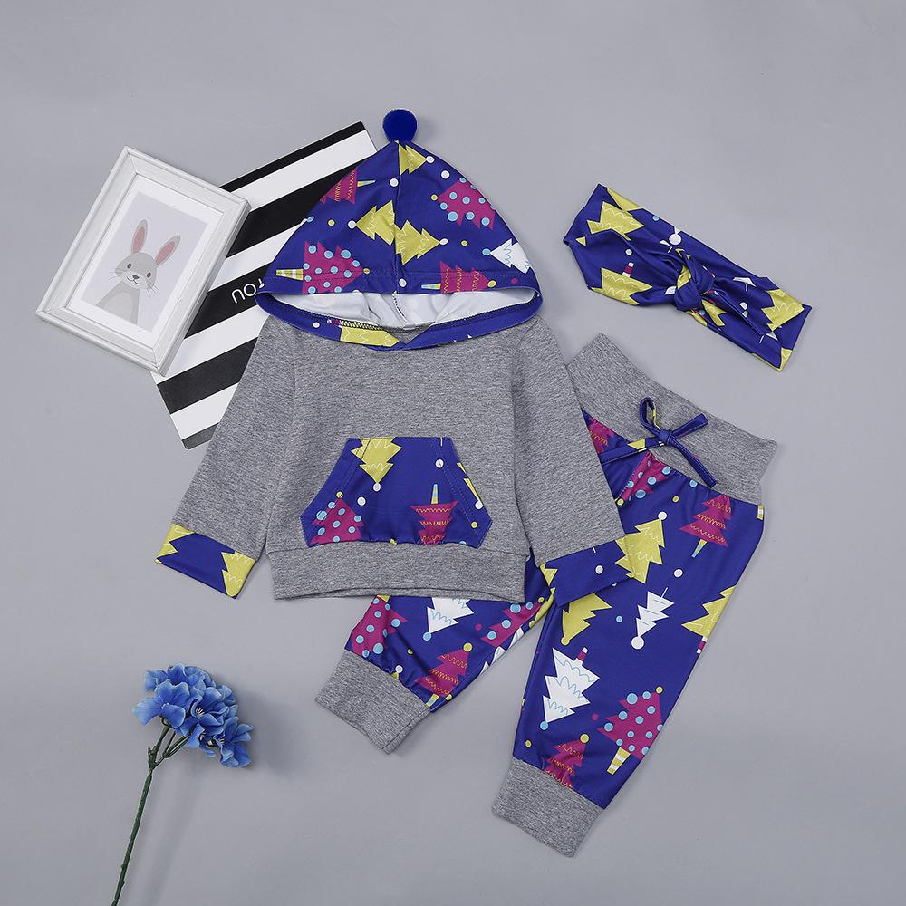 Baby Girls Printed Long Sleeve Hooded Top & Pants & Headband cheap baby clothes wholesale