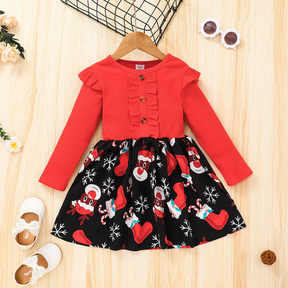 Girls Christmas Printed Long Sleeve Princess Dress wholesale kids clothing