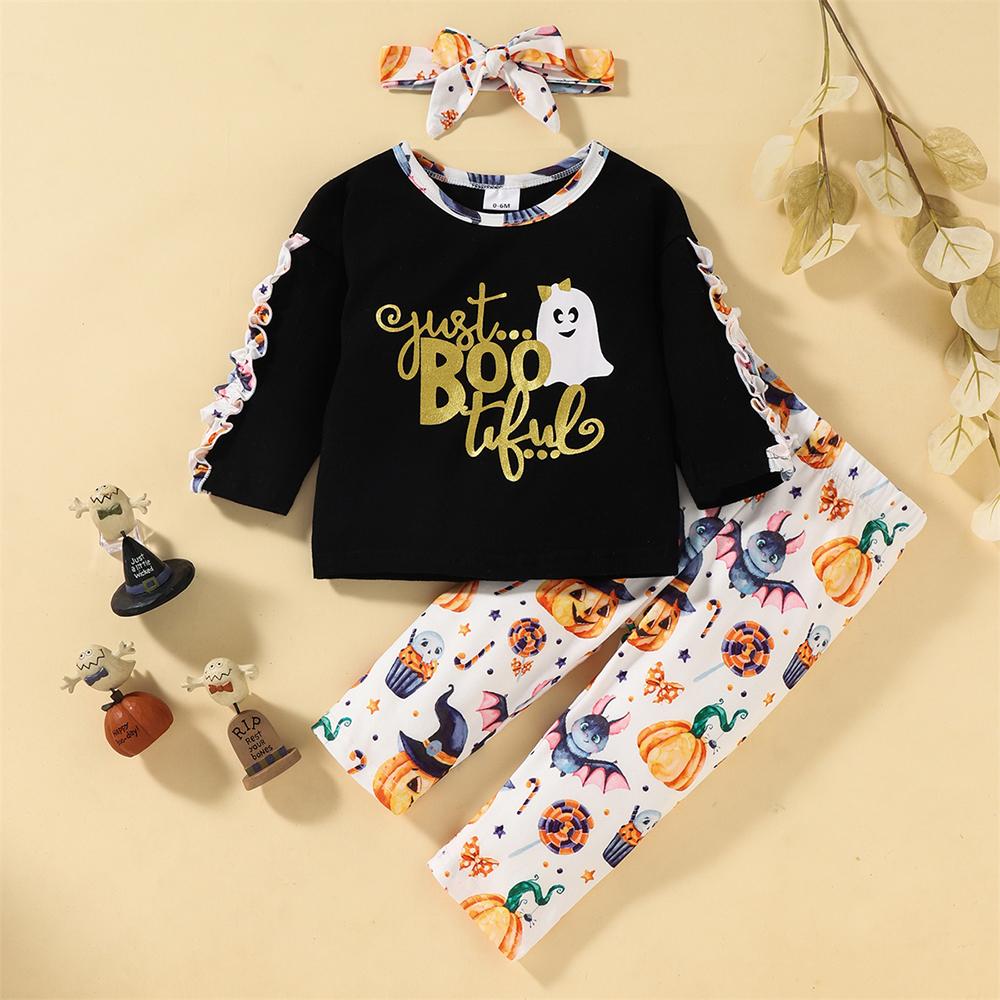 Baby Girls Printed Long Sleeve Top & Pants & Headband baby clothing wholesale