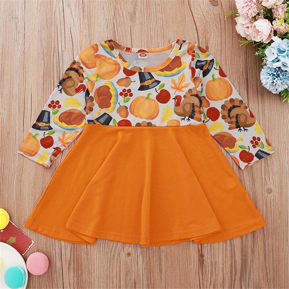 Girls Printed Pumpkin Long Sleeve Dress Girls Wholesale Clothing