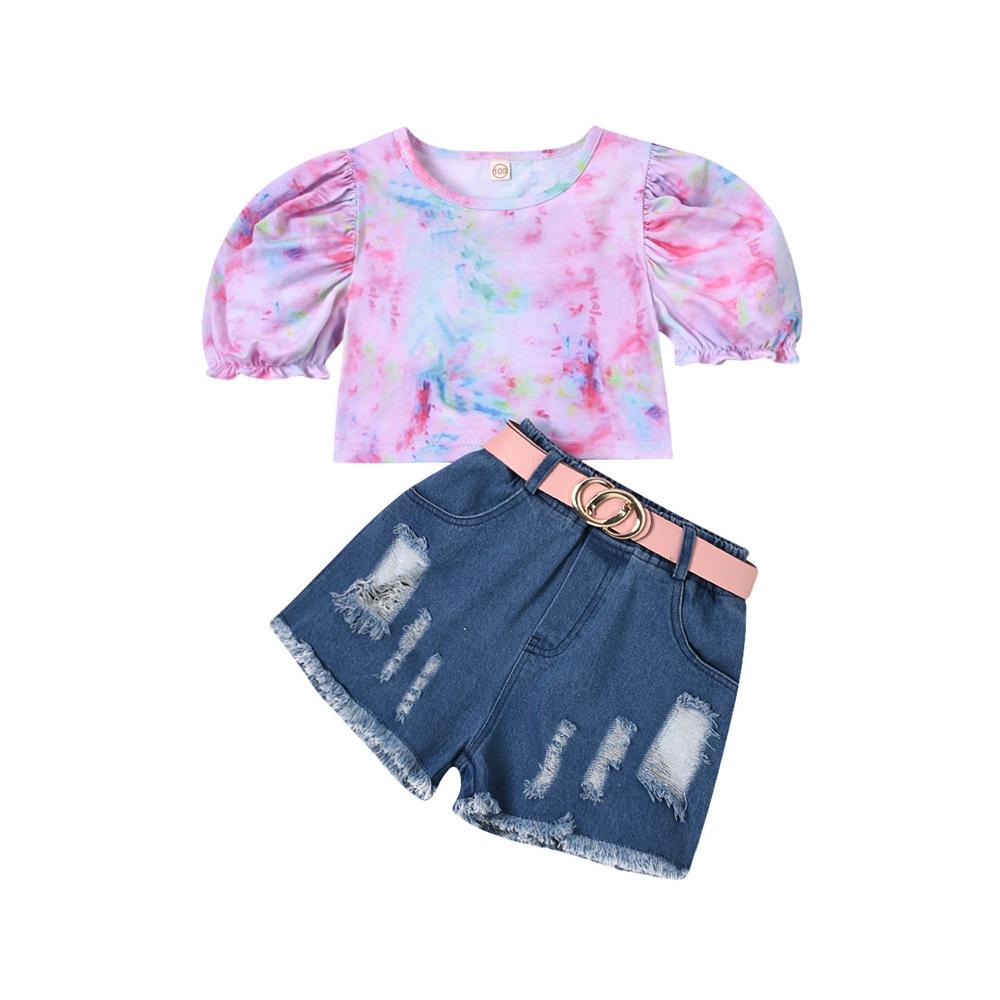 Girls Puff Sleeve Tie Dye Top & Denim Shorts Bulk Childrens Clothing Suppliers
